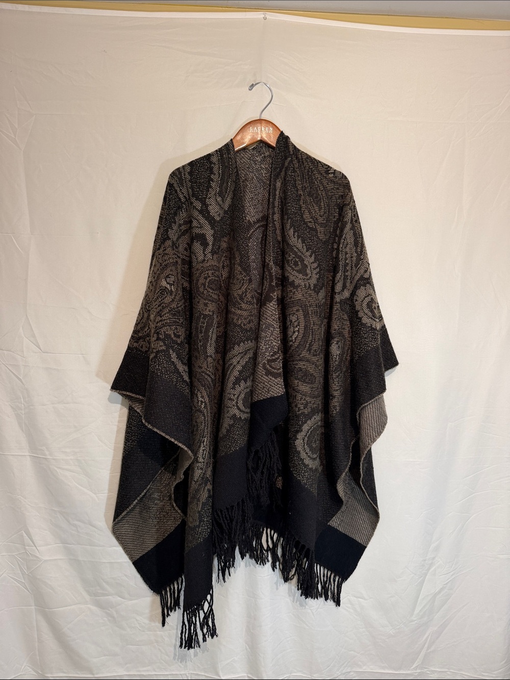 Paisley Fringe Open-Front Poncho - Black/Taupe